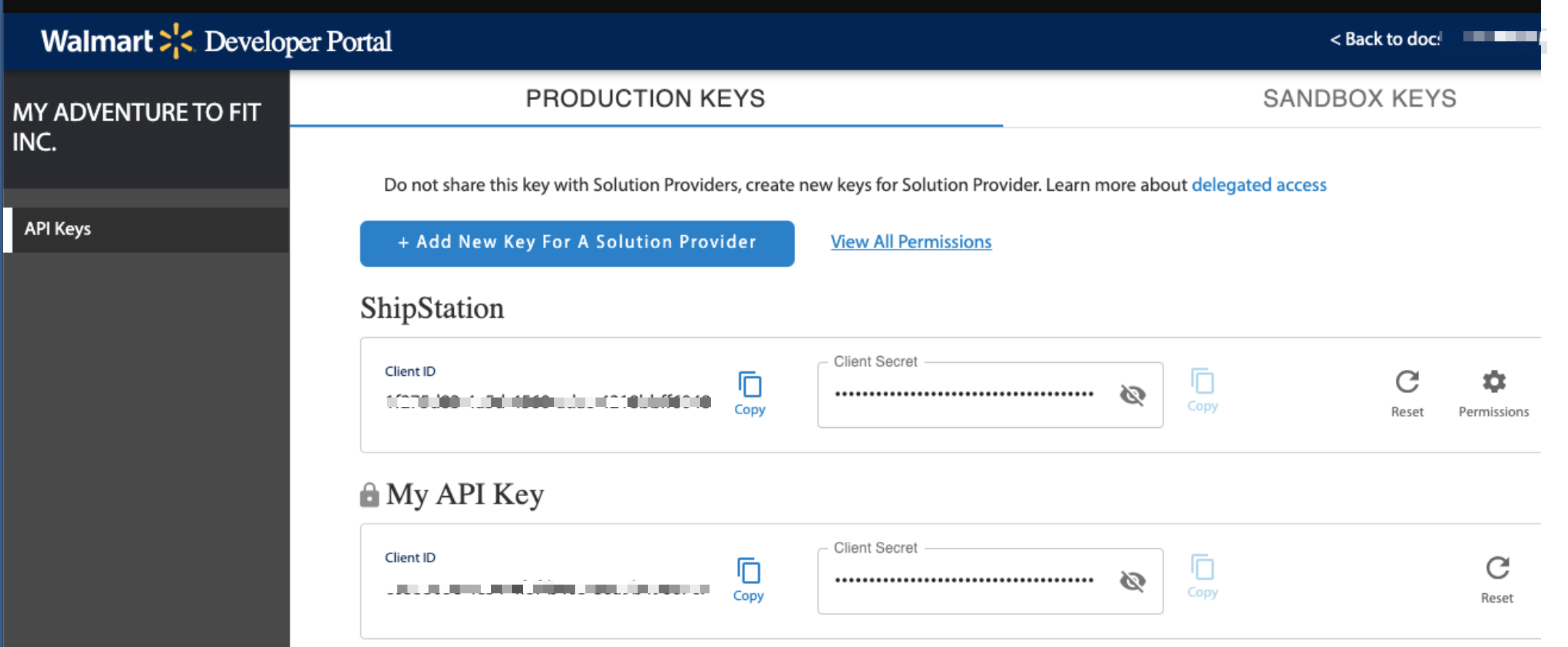 El portal para desarrolladores de Walmart que muestra las claves de producción de ShipStation.