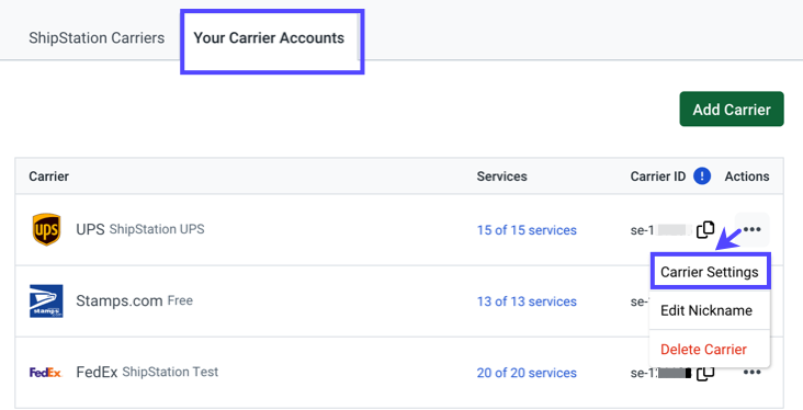 Shows the Your-Carriers Tab with the Actions dropdown & Carrier Settings selected.