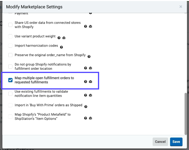 Shopify. Fenêtre contextuelle Modifier les paramètres de la plateforme marchande. Paramètre « Map-Multiple-open-fulfillment-orders » marqué