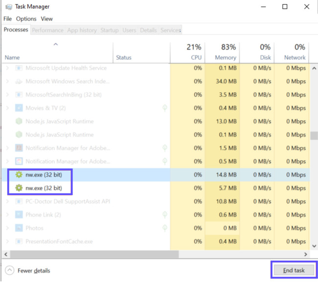 nw.exe file selected in Windows Task Manager. End Task button highlighted by red box.