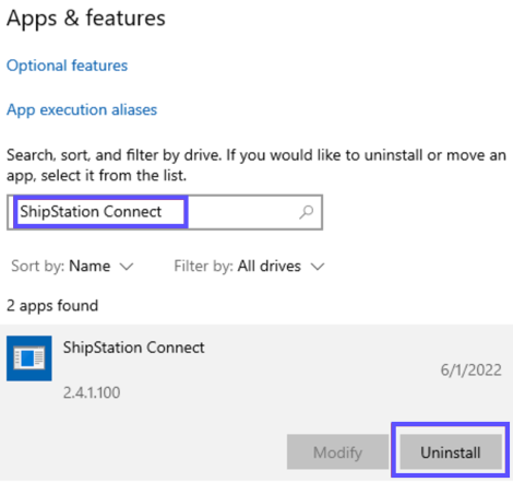 ShipStation Connect located in Windows Apps & Features Search. "Uninstall" button highlighted by red box.