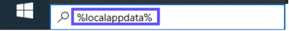 "%localappdata%" text entered in Windows desktop search bar.