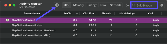 Red arrow points to Stop icon in Mac Activity Monitor. Icon is an X inside an octagon.