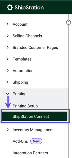 Settings side navigation. Under Printing dropdown, red box highlights ShipStation Connect option.