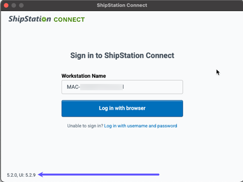 ShipStation Connect log in screen with arrow pointing to version number