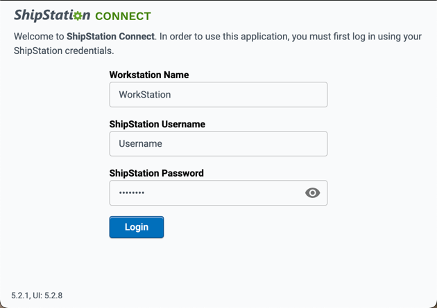 ShipStation Connect login screen is shown with the Username and password fields highlighted.