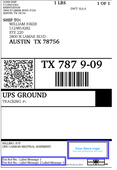 UPS-Etikett mit hervorgehobenem Logo und Nachrichtenbereichen.