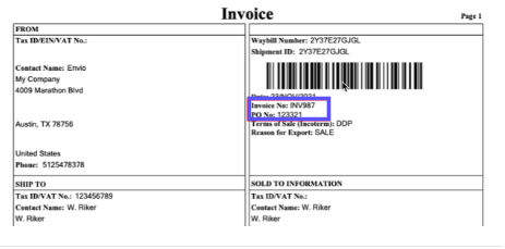 Ejemplo de factura comercial de UPS con los campos "N° de factura" y "N° de orden de compra" resaltados en el cuadro rojo.