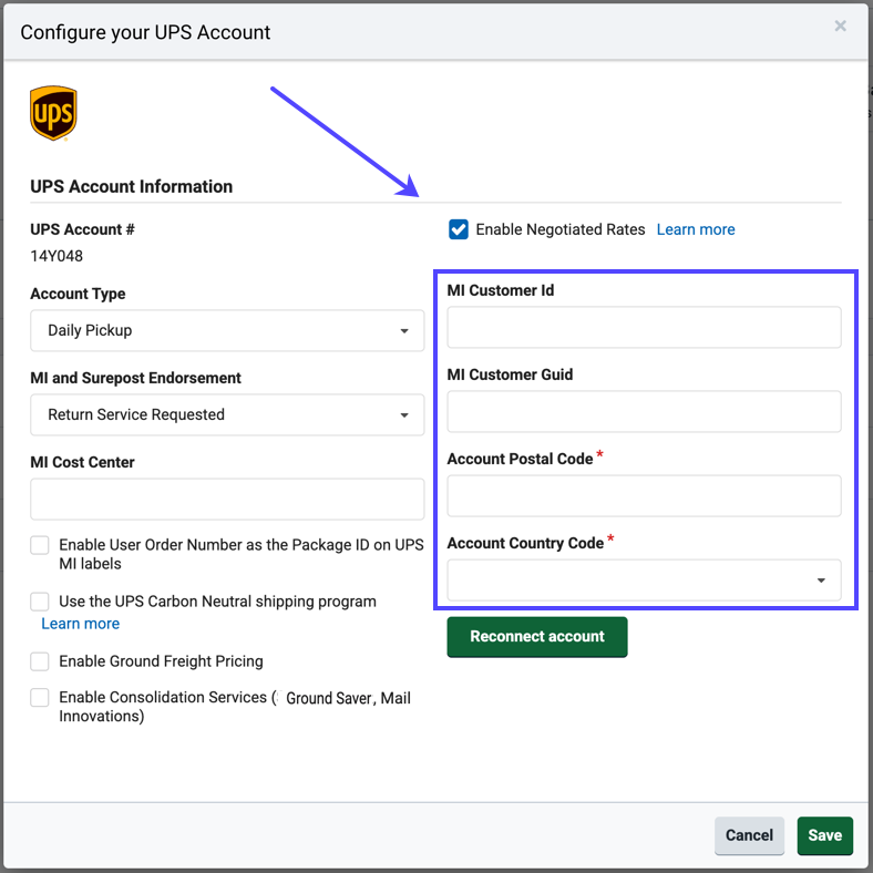 Fenêtre pop-up de configuration des paramètres de votre compte UPS. Une flèche pointe vers la case Activer les tarifs négociés.