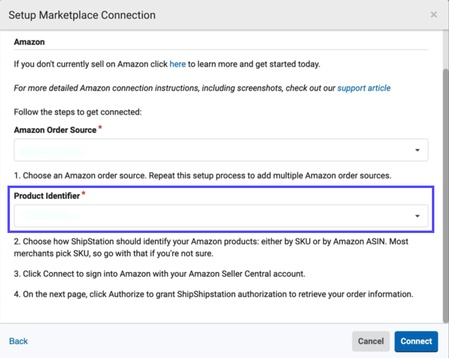 Formular „Connect Amazon“ (Amazon verbinden) mit hervorgehobenem Menü „Product Identifier“ (Produktkennung).