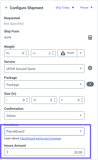 Configure shipment widget with the Insurance and Insure Amt. fields highlighted.