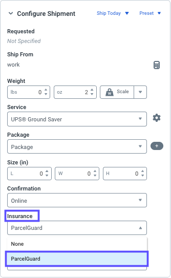 Configure Shipment Widget with the ParcelGuard selected in the Insurance drop-down menu.
