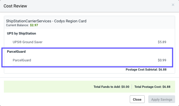 Cost Review pop-up with ParcelGuard line item highlighted