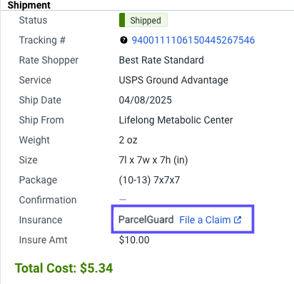 Shipping Details with the Parcelguard File a Claim link highlighted.