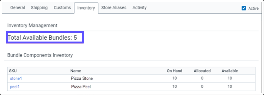 The inventory tab of the product details screen is shown. Total available bundles shows 5 available.