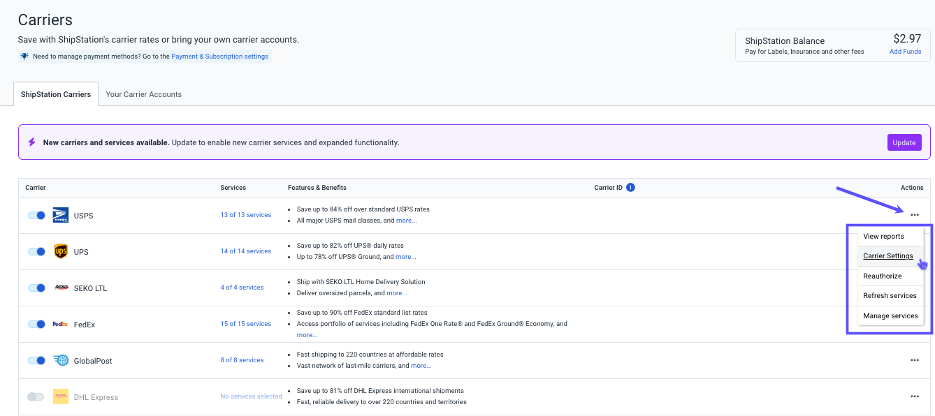 Carriers settings with the USPS action menu open to display all options