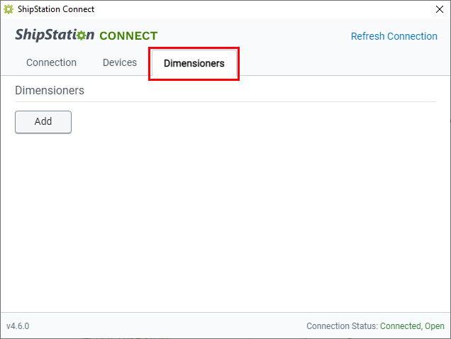 ShipStation Connect is open and the Dimensioners tab is selected.