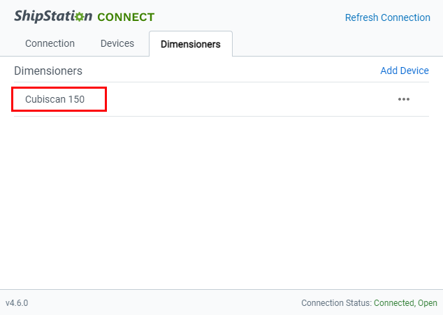 The dimensioners tab is selected showing the added Cubiscan 150 dimensioner.