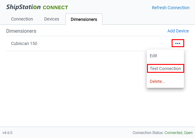 The action menu is expanded and test connection is selected.