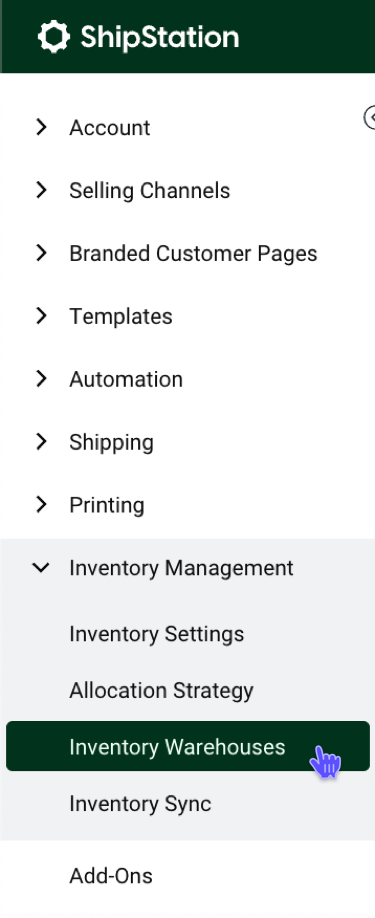 Settings Sidebar. Inventory Management dropdown: Red box highlights Inventory Warehouses option.