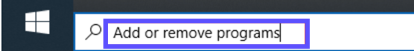 Texto "Agrega o elimina programas" ingresado en la barra de búsqueda del escritorio de Windows.