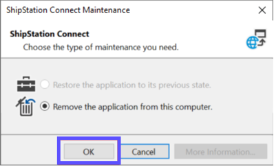 Ventana de mantenimiento de ShipStation Connect. Opción "Eliminar la aplicación de esta computadora" seleccionada. Botón Aceptar resaltado.