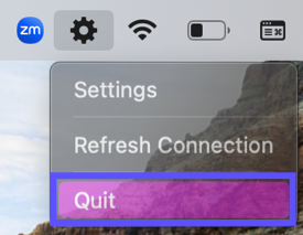 Menú de configuración de ShipStation Connect abierto desde la barra de menús de Mac. Opción Salir seleccionada.