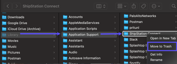En el buscador de Mac, el menú de la carpeta ShipStation Connect se abre con la opción "Mover a la papelera" seleccionada.