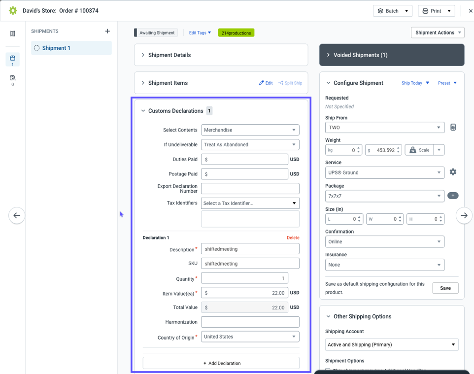Order details screen with the Customs Declarations section expanded and highlighted.