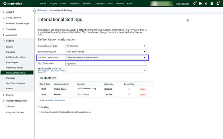 International Settings screen with red box highlighting Customs Declarations drop-down set to "Create declarations from order items".