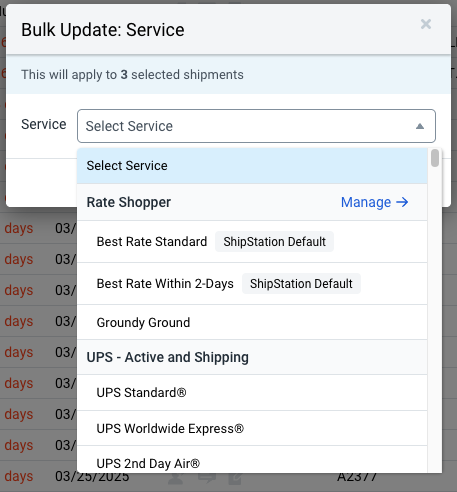 Bulk Update service selection menus, shows Rate Shopper rules