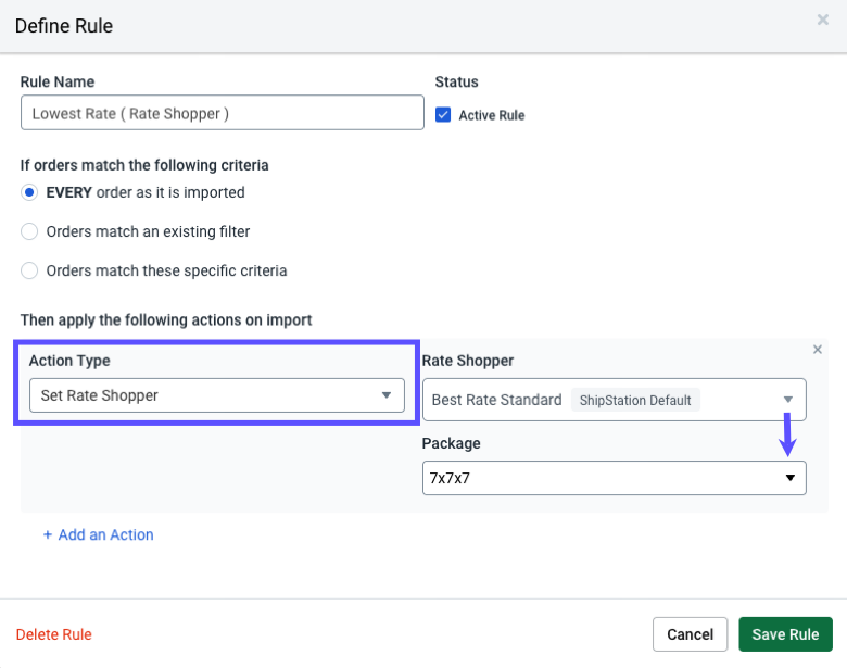 Define Rule popup. Boxes highlight action Type and Rate Shopper dropdowns.