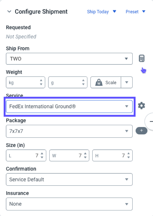 V3 order details that show the configure shipment section. Under service, FedEx International Ground is selected.