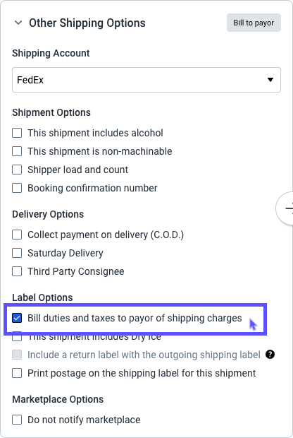 V3 Orders tab Sidebar, Other Shipping Options section, red outline around Bill duties and taxes to payor option