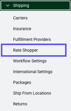 Barra lateral de configuración con la sección Envío abierta y la sección Rate Shopper resaltada.
