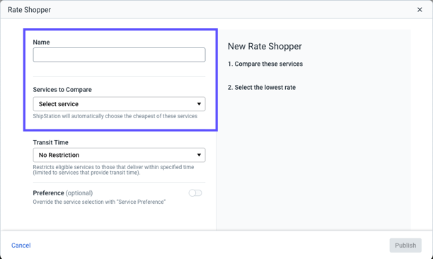 Nueva ventana emergente de Rate Shopper. El cuadro resalta el campo Nombre y el menú desplegable Servicio a comparar.