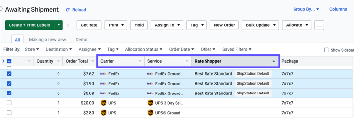 Cuadrícula de pedidos que muestra las columnas Rate Shopper, Empresa de transporte y Servicios