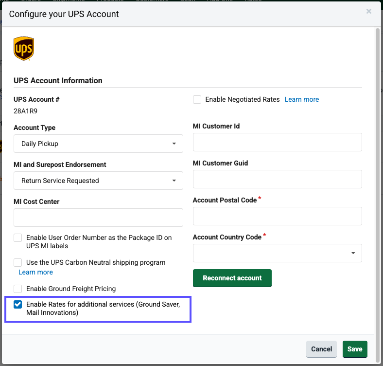 UPS Settings form with Enable Rates for Additional Services highlighted.