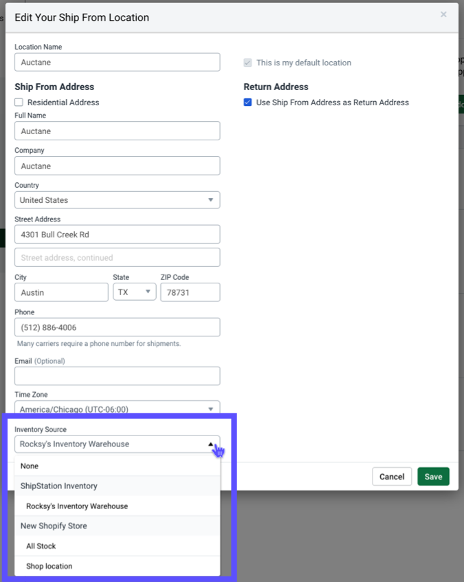 Beispiel für Details zu Absenderorten. Rotes Feld hebt das Dropdown-Menü „Bestandsquelle“ hervor, der Pfeil zeigt auf „Standort“.