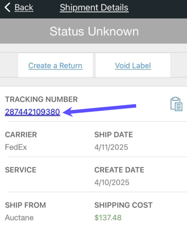Detalles del envío en Mobile con el número de seguimiento resaltado.