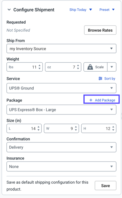 Configure Shipment Widget. PLUS sign Add-Package link shown next to the Package dropdown.