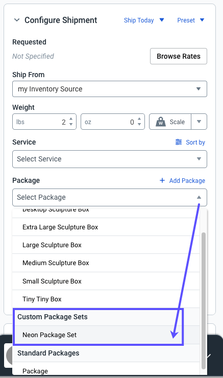 Shows the package dropdown and Custom Package Sets.