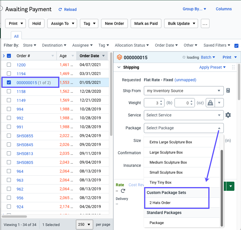 Shows the package dropdown and Custom Package Sets.