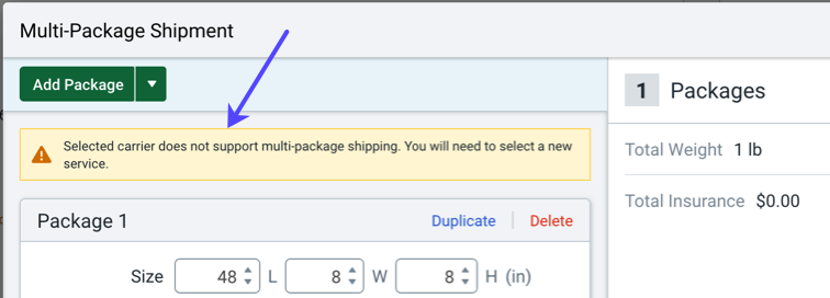 Multi-Package Shipment editor: Warning -carrier service does not support multi-package shipments