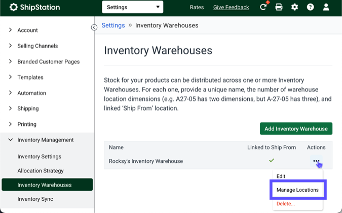 Almacenes de inventario: el cuadro púrpura resalta el botón Administrar ubicaciones.