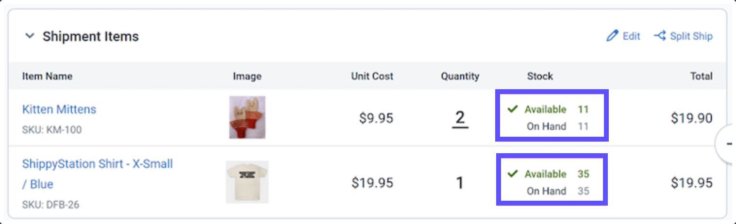 Order Details screen with the Available and On Hand fields showing in the Stock column for the ordered items