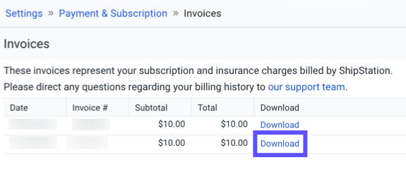 The transaction history page with the Subscription tab active and Download link highlighted.