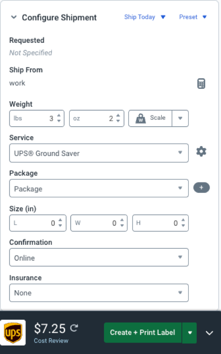 The Configure Shipment Widget with service options and a label rate