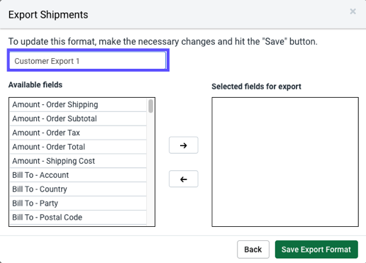 The export shipments popup shows the title box marked.