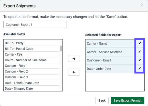 The export field names column with the edit icon is marked.